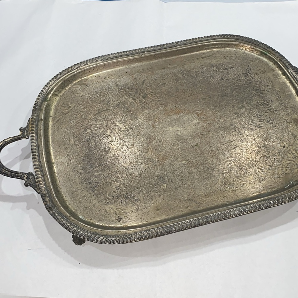 Antique silver plated footed butler serving tray 22”X17” early century piece XL